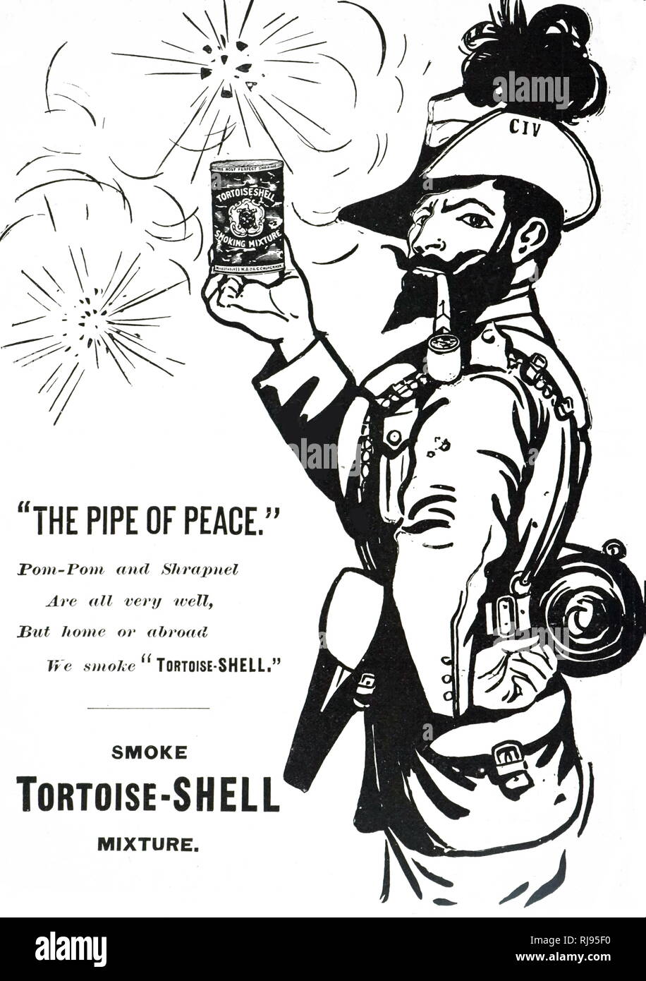 An advertisement for Tortoiseshell Tobacco. The soldier is a member of the City Imperial Volunteers who was officially welcomed home to the city of London on the day this advertisement appeared. Dated 20th century Stock Photo