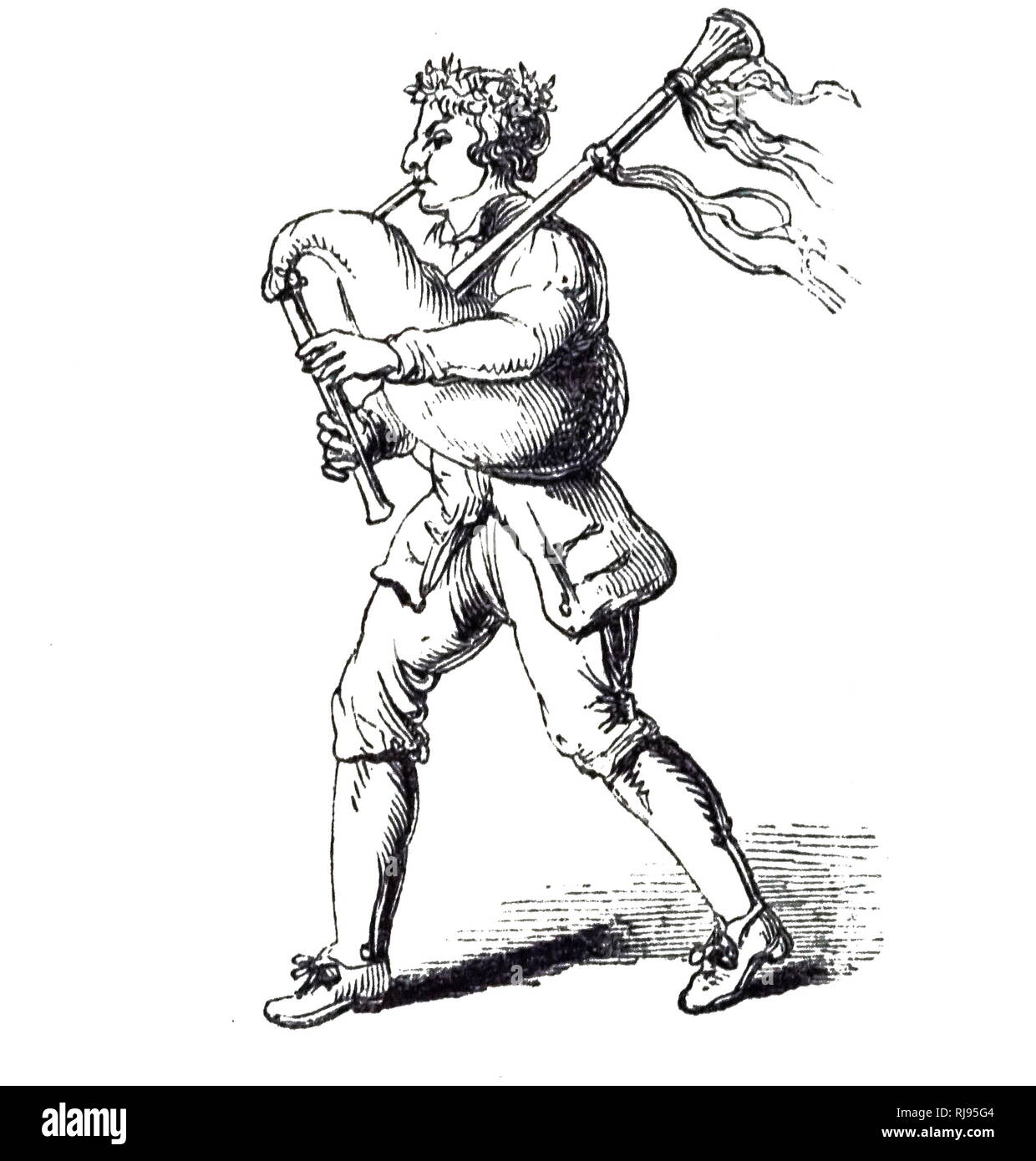 An engraving depicting a man playing the bagpipes. Dated 19th century Stock Photo