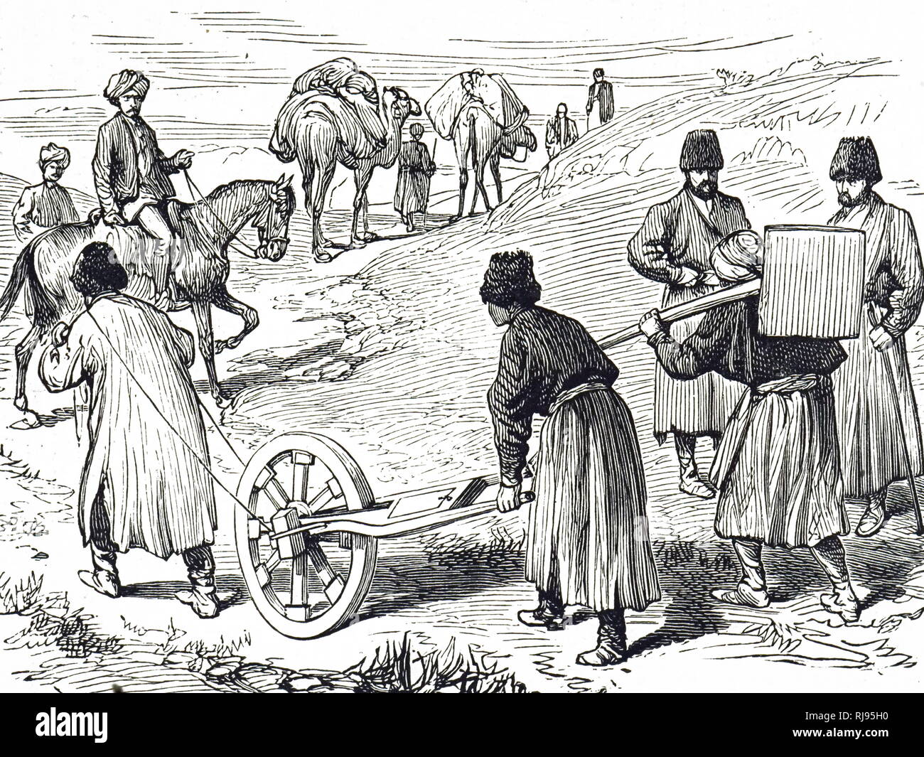 An engraving depicting a pedometer being used at the Afghan Boundary to measure the length of the frontier. Dated 19th century Stock Photo