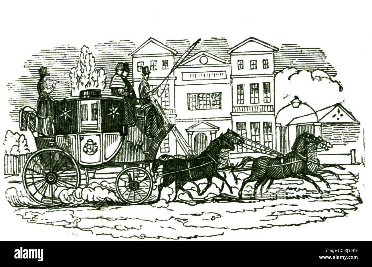 An engraving depicting a mail coach. Dated 19th century Stock Photo - Alamy