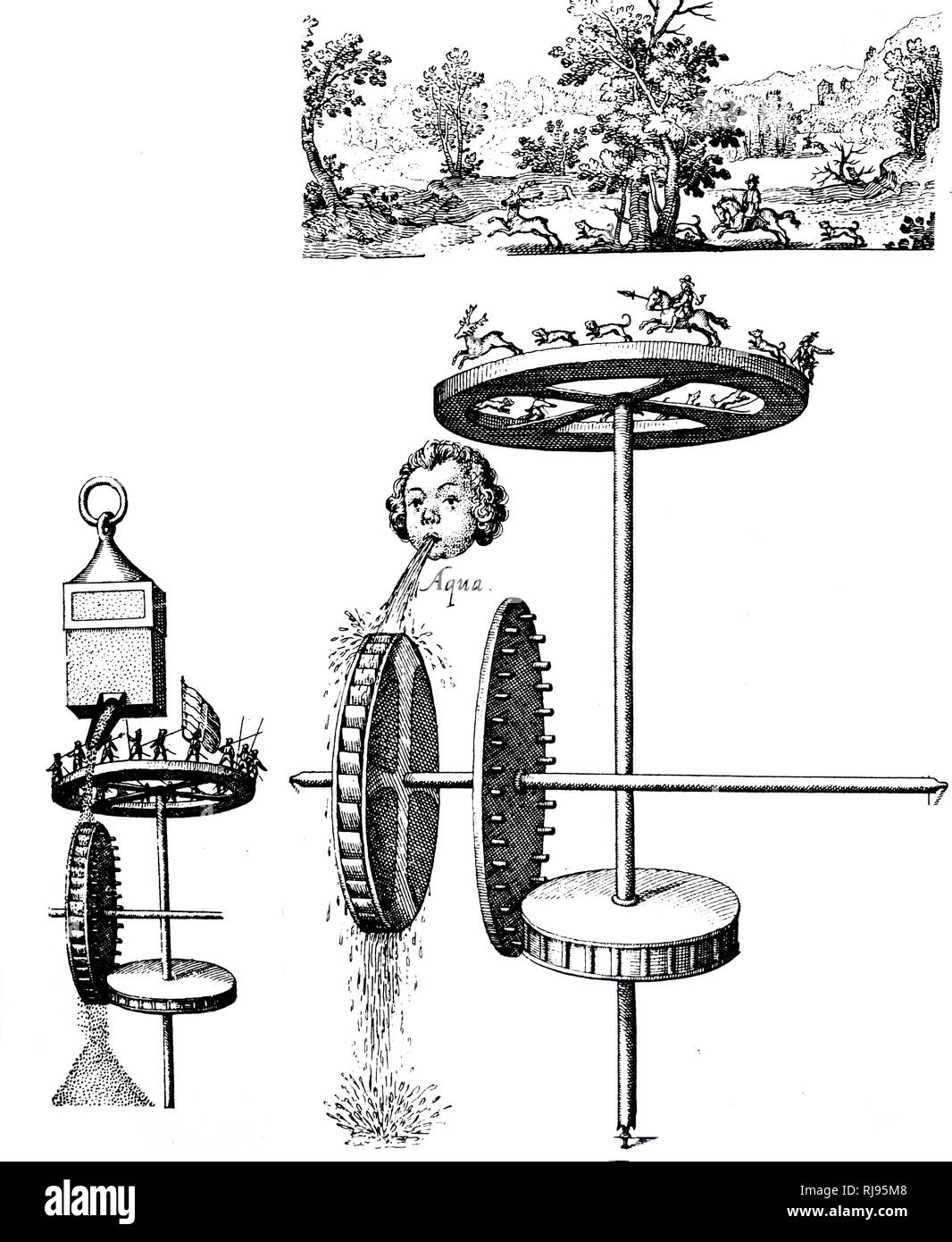 Mechanical Automata devices for rotating movements, within a diorama.  illustration from Fludd's 'Utriusque Cosmi, Maioris' 1617-1621. Robert Fludd, also known as Robertus de Fluctibus (1574 – 1637), was a prominent English Paracelsian physician with both scientific and occult interests. Stock Photo
