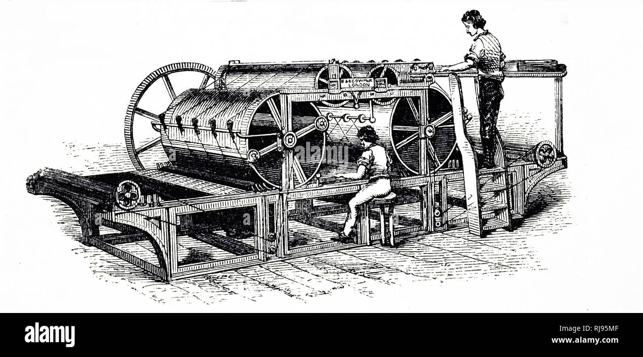 Illustration showing the 1828, Applegath and Cowper, flatbed printing machine used for The Times in London. Augustus Applegath (1788 – 1871) was an English printer and inventor known for the development of the first workable vertical-drum rotary printing press. Stock Photo