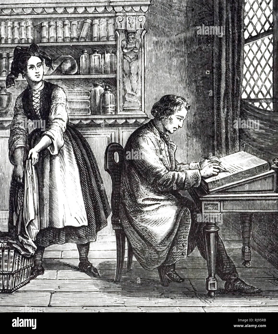 An engraving depicting Alois Senefelder discovering the process of lithography by chance. Alois Senefelder (1771-1834)  a German actor and playwright who invented lithography in the 1790s. Dated 19th century Stock Photo