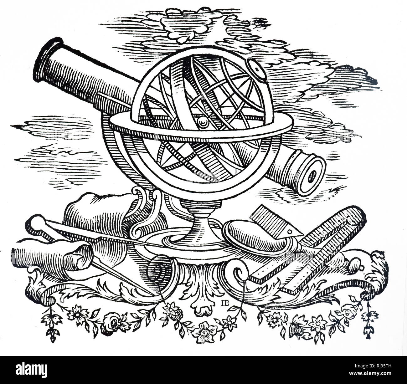 A woodcut engraved tailpiece depicting a telescope, armillary sphere, prism and other astronomy tools. Dated 18th century Stock Photo