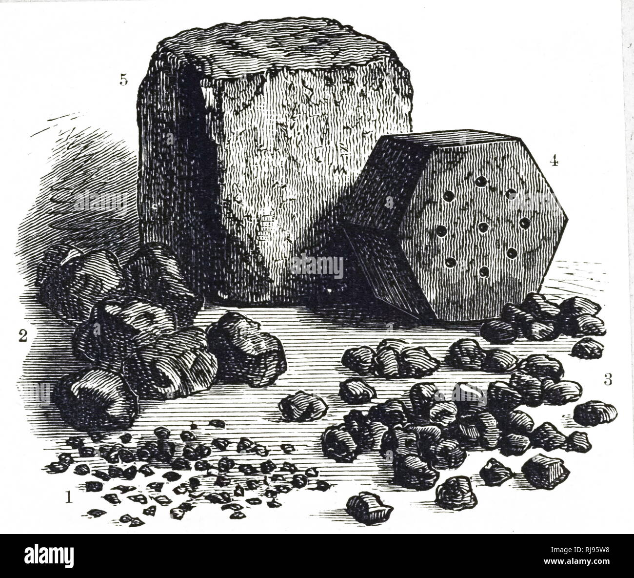 An engraving depicting various sizes and pieces of gunpowder, in use towards the end of the nineteenth century, ranging from the fine Poudre-brutale (1) through pebble (2) mammoth (3) prismatic (4) to cube (5) which could weigh half a pound and have 2 inch sides to each cube. Dated 19th century Stock Photo