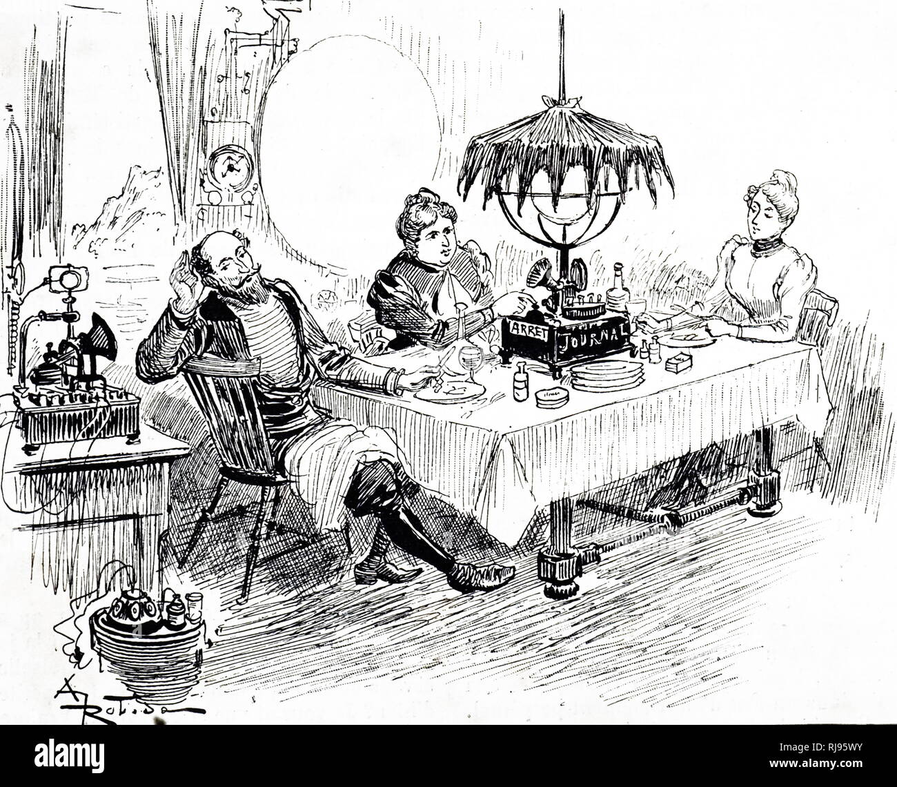 An engraving depicting a family listening to the morning 'paper' on a record player. Dated 19th century Stock Photo