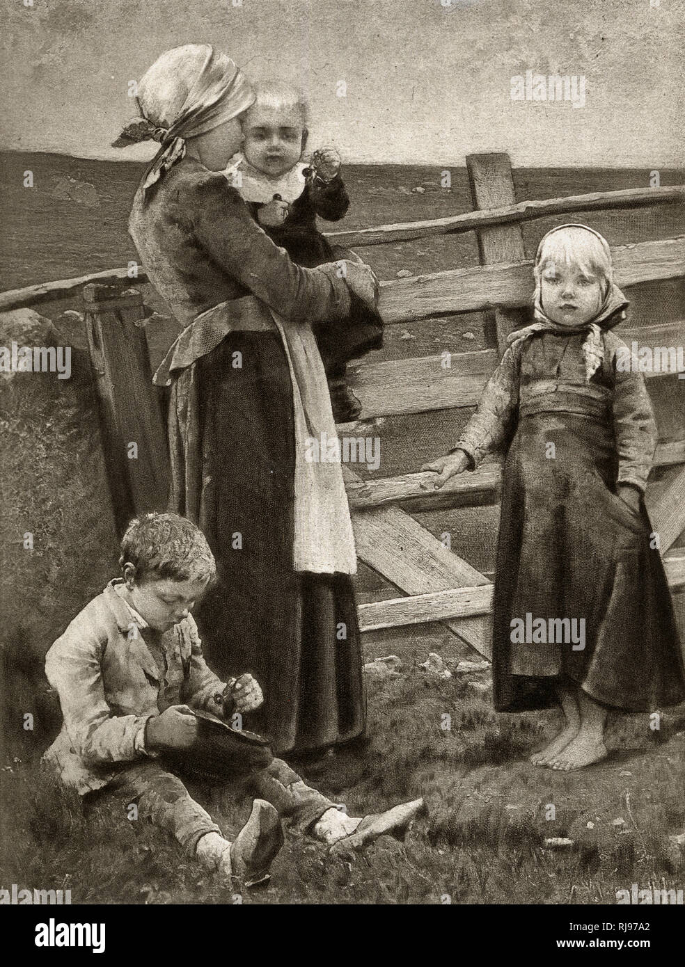 Abandoned young mother with her children Stock Photo