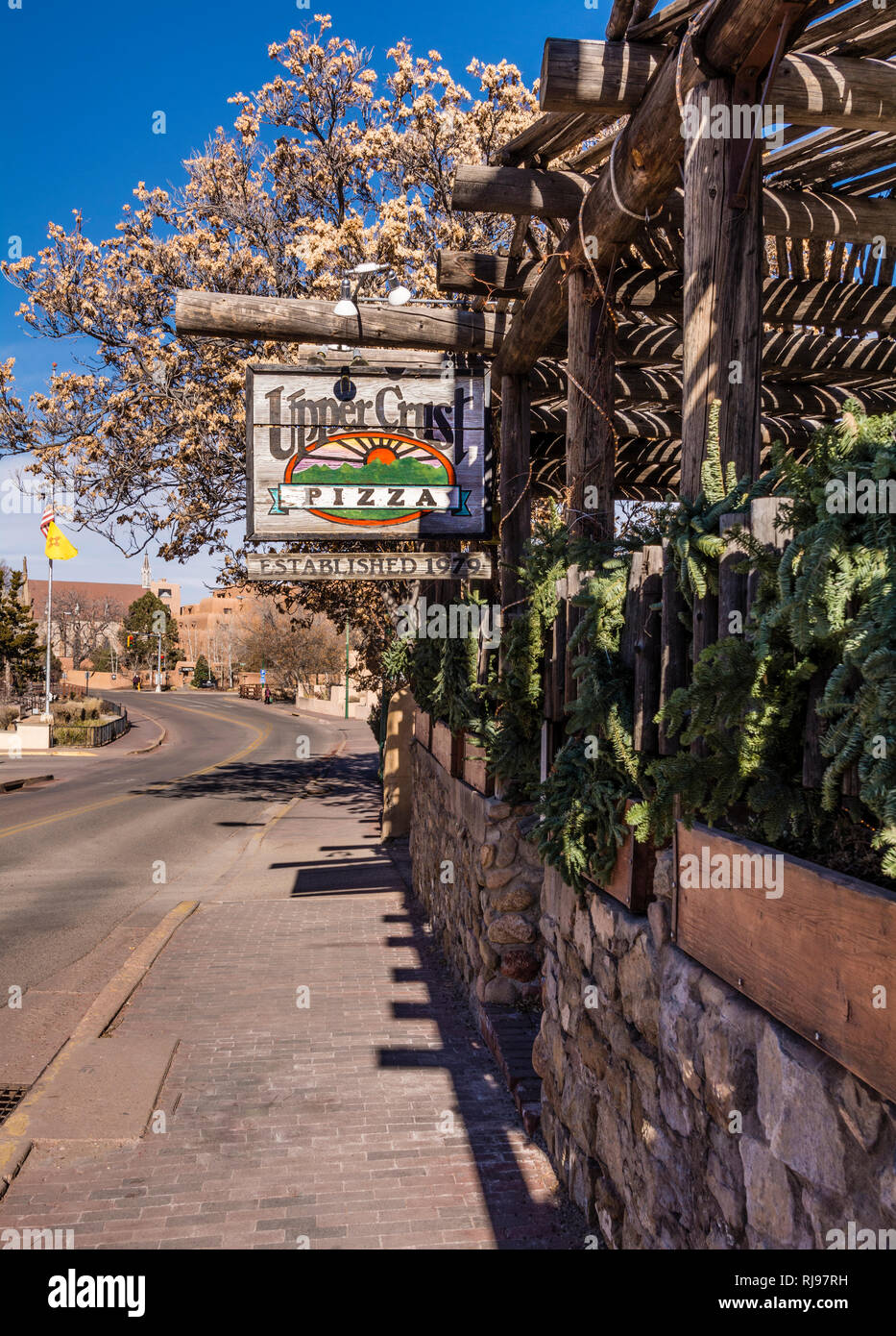 Santa Fe New Mexico street view and Upper Crust Pizza Restaurant on Old Santa Fe Trail. Stock Photo