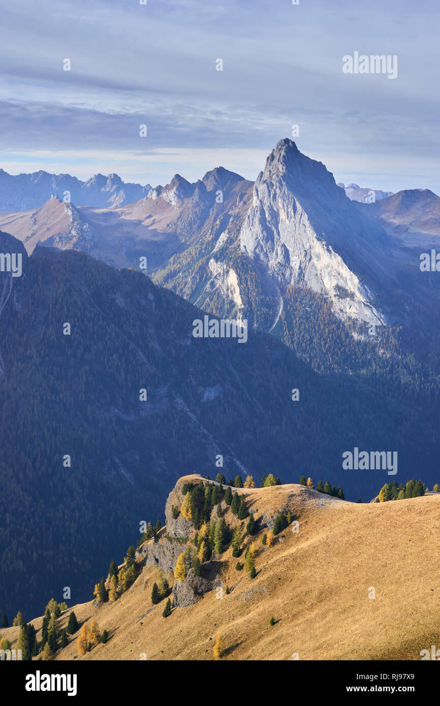 Colac viewed across Val di Fassa from the Viel del Pan path, Dolomites, Trentino, Italy Stock Photo