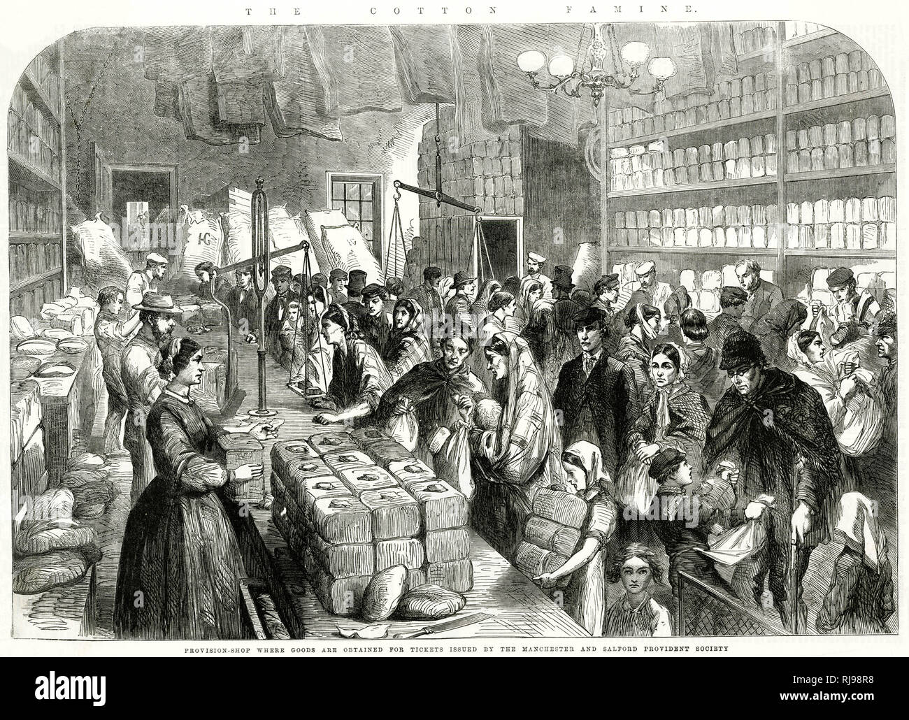 COTTON FAMINE Out of work mill-workers receive cut-price food in return for tickets issued by the Manchester and Salford Provident Society. Stock Photo