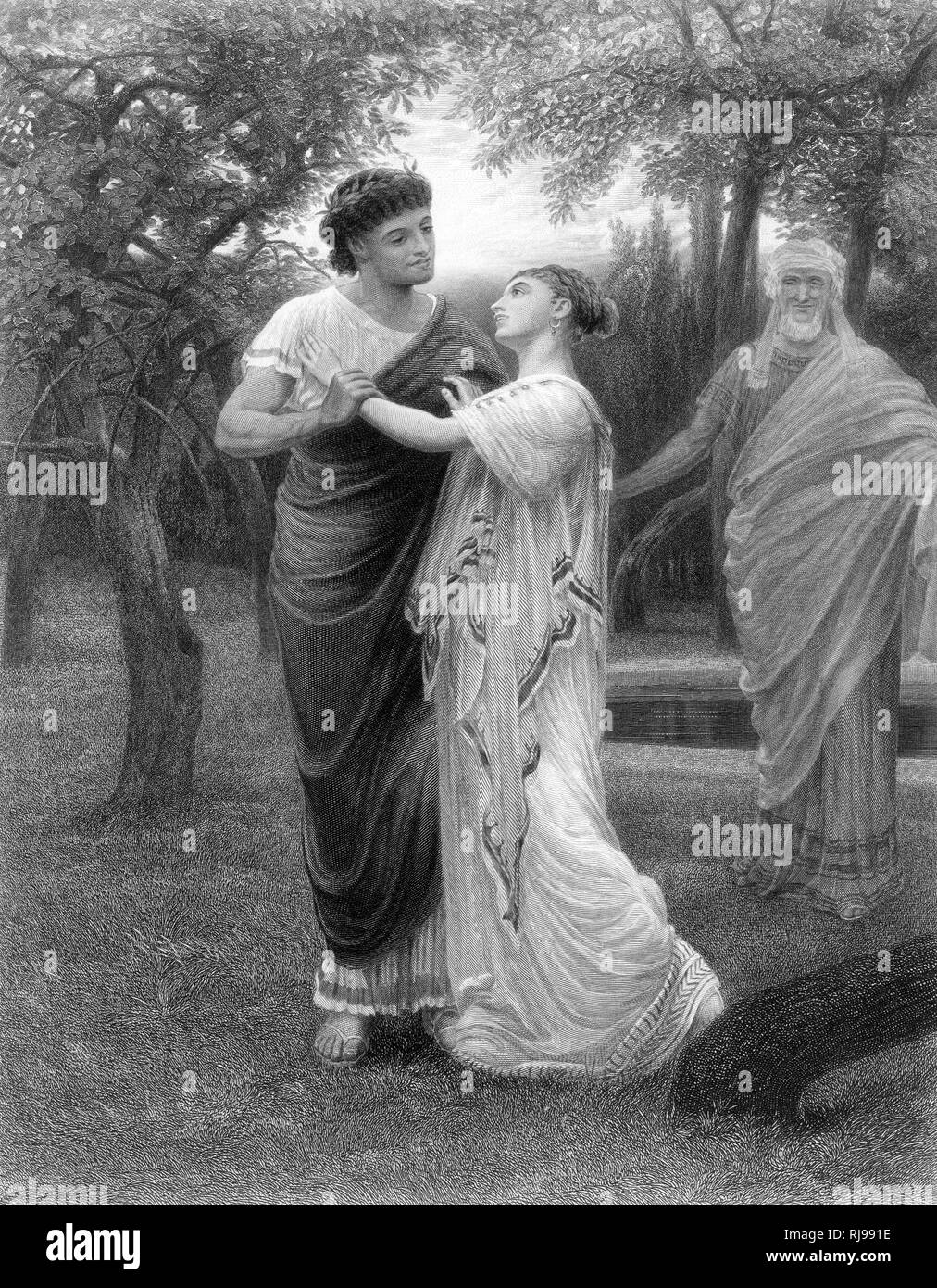 Act III, Scene II Pandarus encourages a meeting between Troilus and Cressida in his orchard Stock Photo