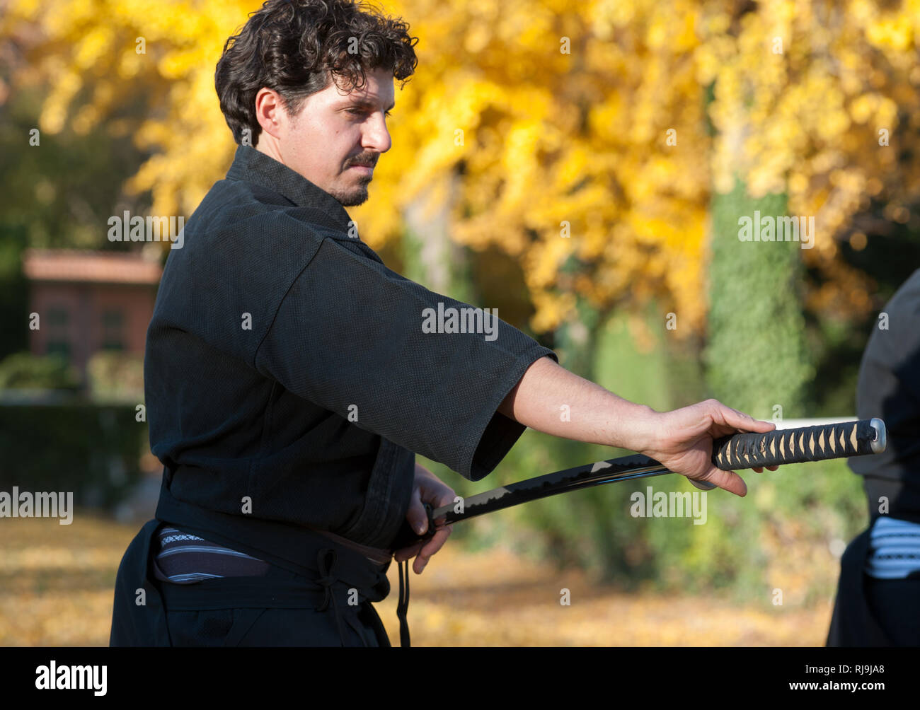 Iaido is a Japanese martial art that emphasizes being aware and capable of quickly drawing the sword and responding to a sudden attack Stock Photo