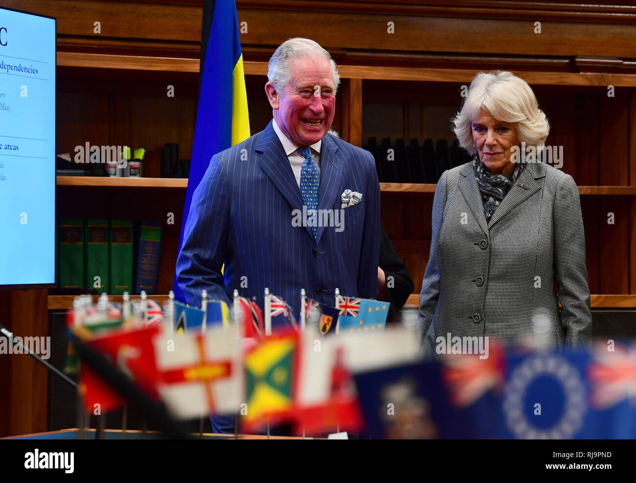 The Prince of Wales and the Duchess of Cornwall during a visit to The Supreme Court of the United Kingdom in Parliament Square, London, to commemorate its 10th anniversary. Stock Photo