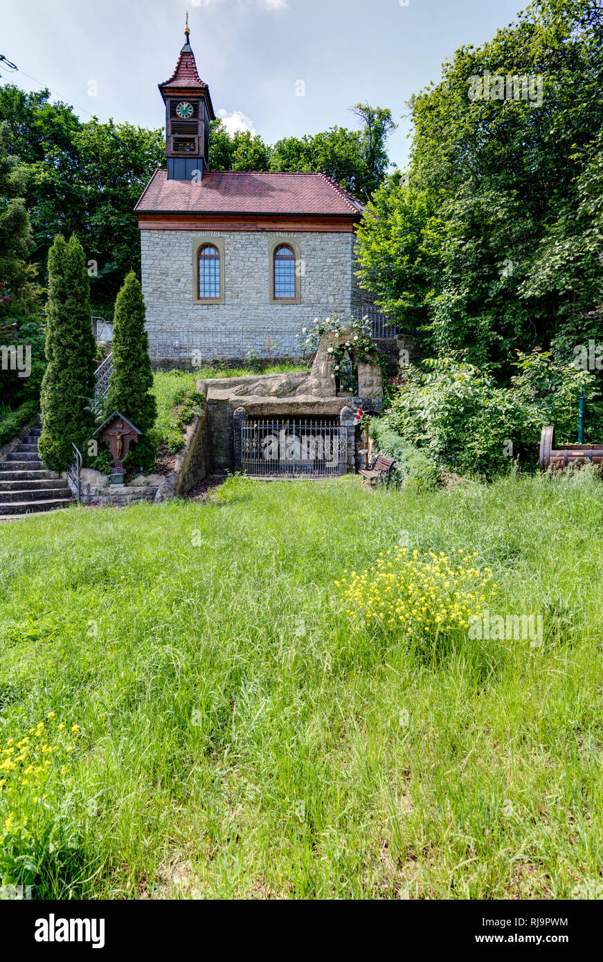 Lourdes Hochzeits-Kapelle, Grotte, Madonnenstatue, Escherndorf, Franken, Bayern, Deutschland, Europa, Stock Photo