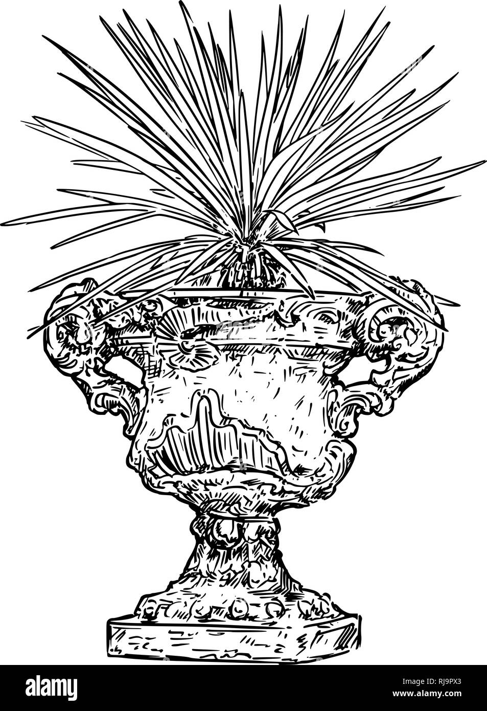 Drawing of Old Antique Ornamental Stone Goblet or Vase With Yucca Plant Stock Vector