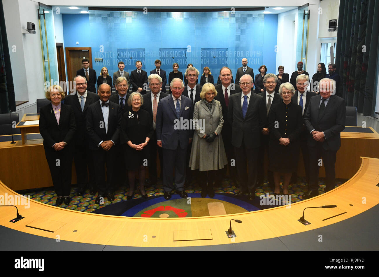The Prince of Wales and the Duchess of Cornwall, with the Supreme Court Justices, during a visit to The Supreme Court of the United Kingdom in Parliament Square, London, to commemorate its 10th anniversary. Stock Photo
