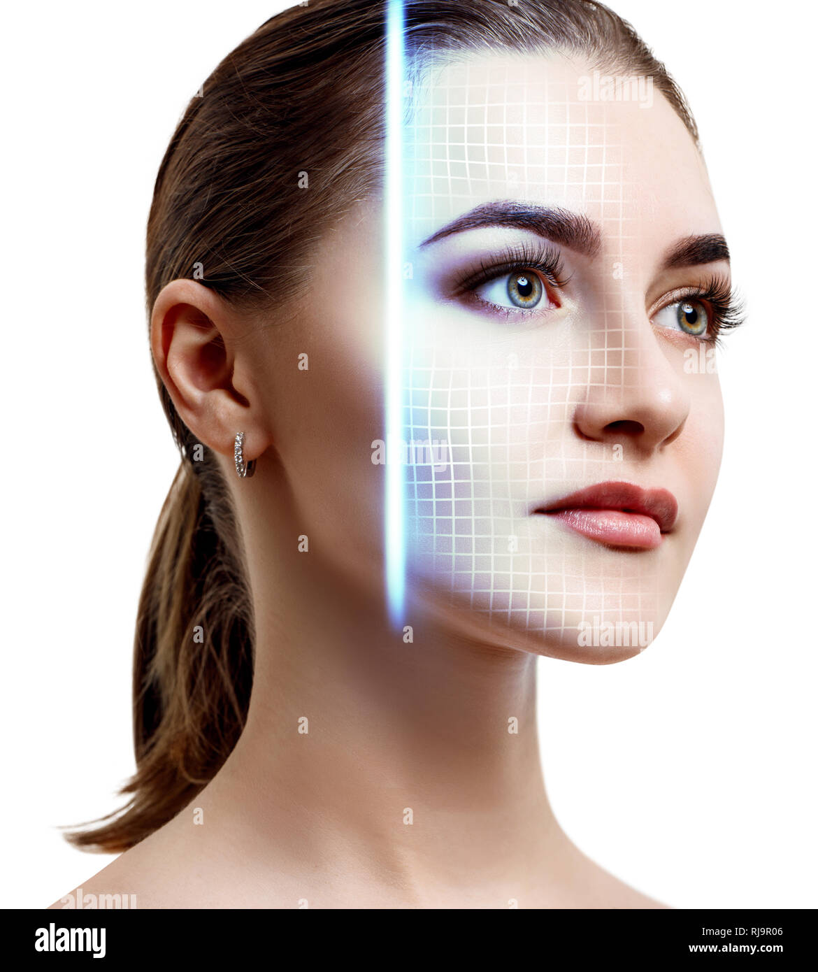 Technological scanning of face of young woman. Stock Photo