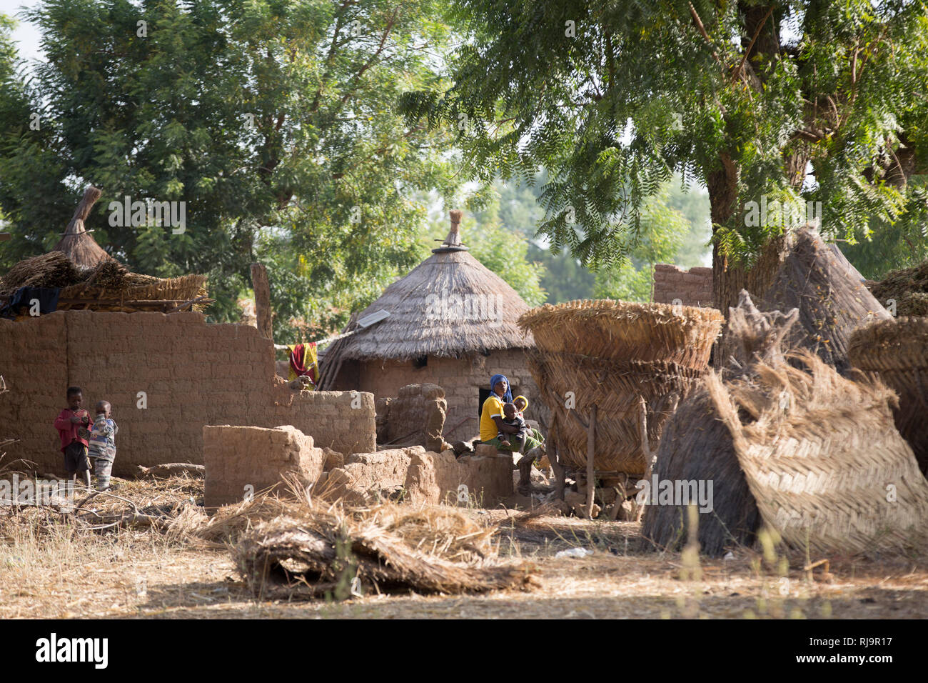 Bissiga Village, Yako, Burkina Faso, 29th November 2016; Daily life in a village, with thatched roof houses and mud brick walls. Stock Photo