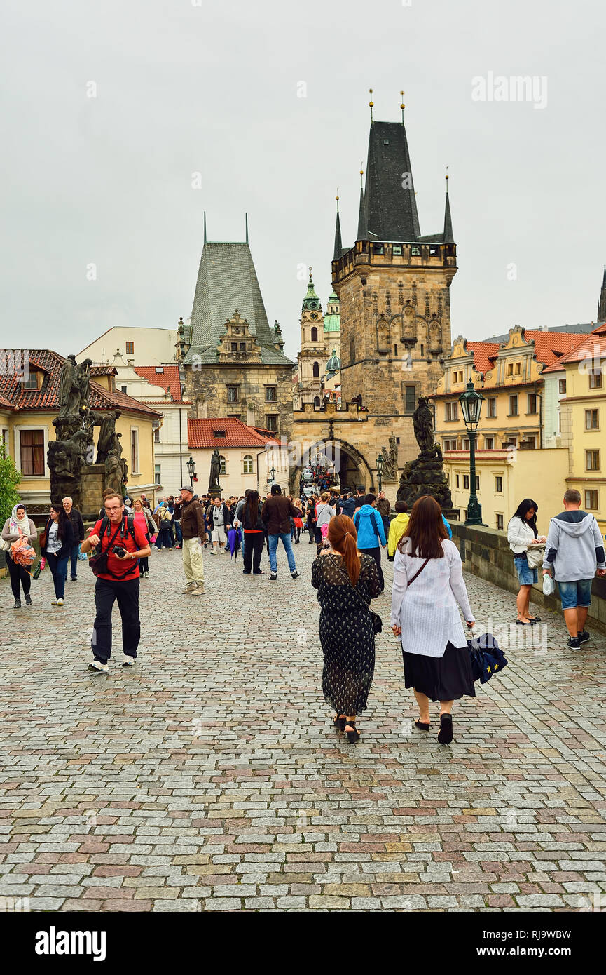 PRAGUE, CZECH REPUBLIC - AUGUST 18, 2015: people on streets of Prague. Prague is the capital and largest city of the Czech Republic. It is the 15th la Stock Photo