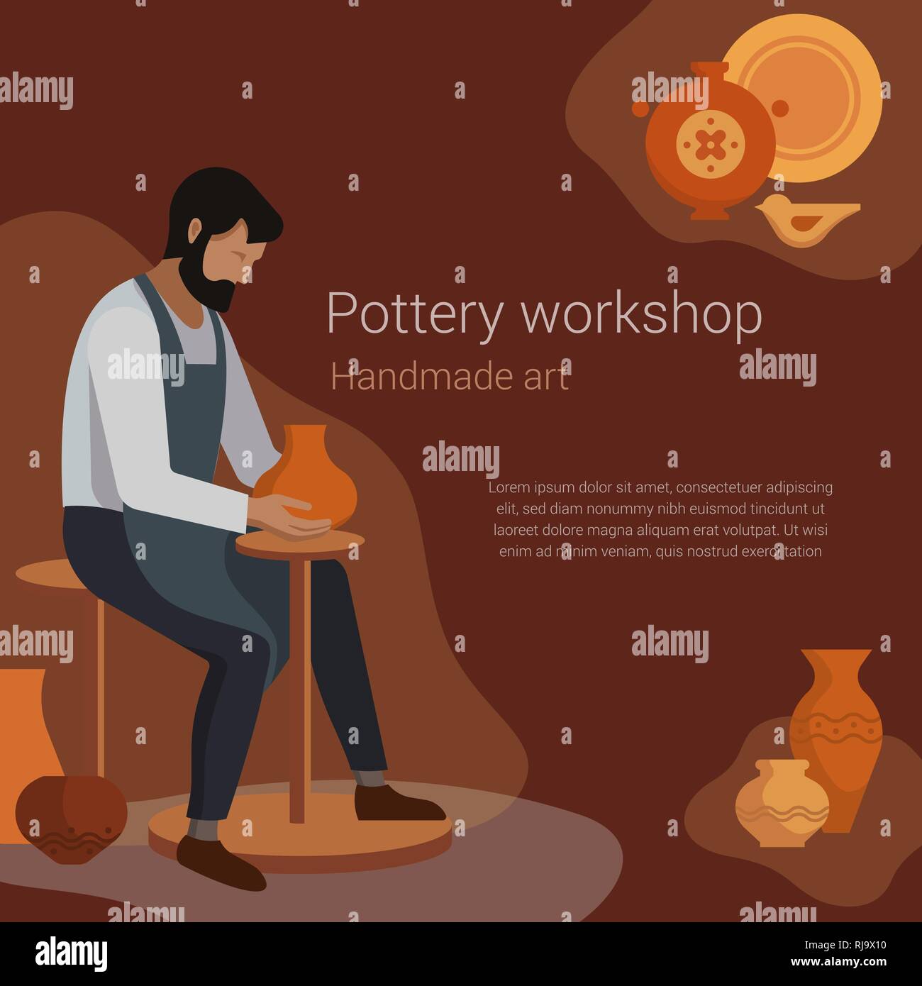 Craft master potter makes a clay vase. Vector illustration of the work of a pottery artisan with a place for text. Pottery workshop poster. Stock Vector