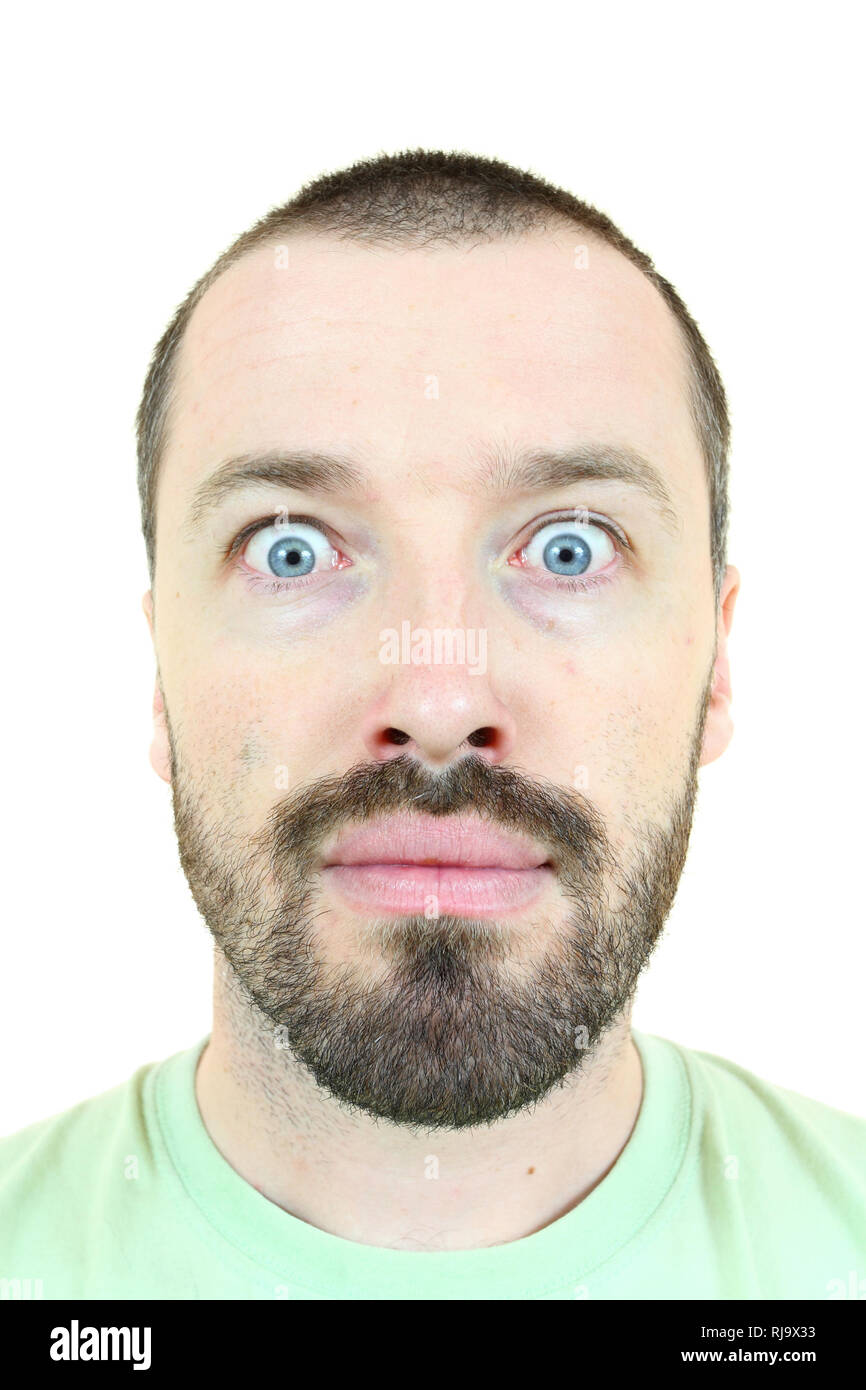 Surprised man. Young adult near his 30s portrait isolated against