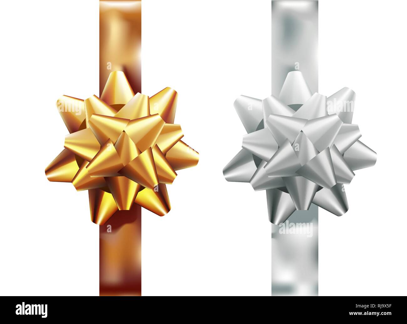 Golden, silver gift bow set vertical ribbon. Isolated on white background. Vector illustration. Christmas, New Year, birthday gold decoration Stock Vector