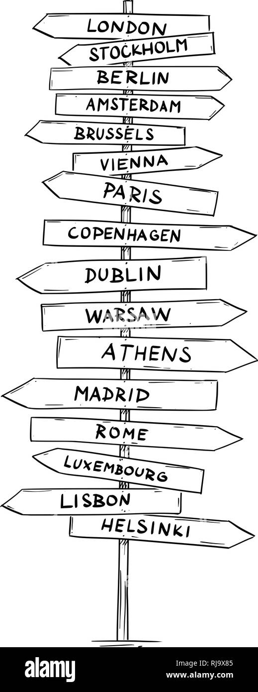 Drawing of Old Road Directional Arrow Sign With Names of Some European Capital Cities Stock Vector