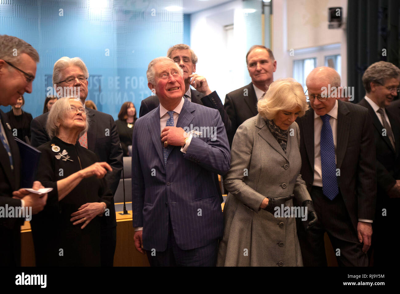 The Prince of Wales and the Duchess of Cornwall with the Justices of the Supreme Court during a visit to the Supreme Court of the United Kingdom in Parliament Square, London, to commemorate its 10th anniversary. Stock Photo