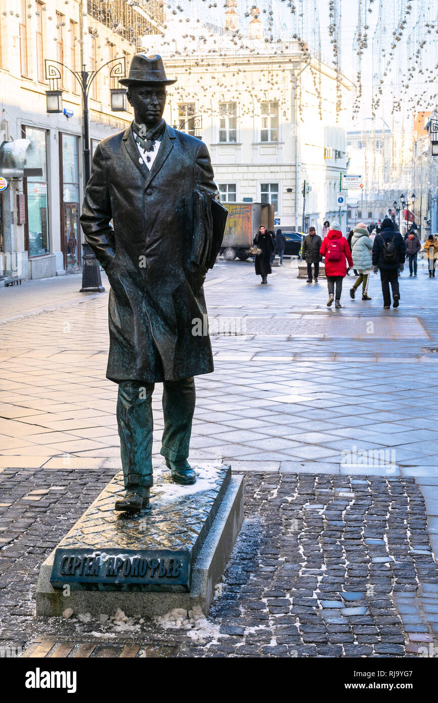 MOSCOW, RUSSIA - JANUARY 24, 2019: Monument to Russian Soviet composer, pianist and conductor Sergei Prokofiev at Kamergersky Lane in Moscow. Statue w Stock Photo