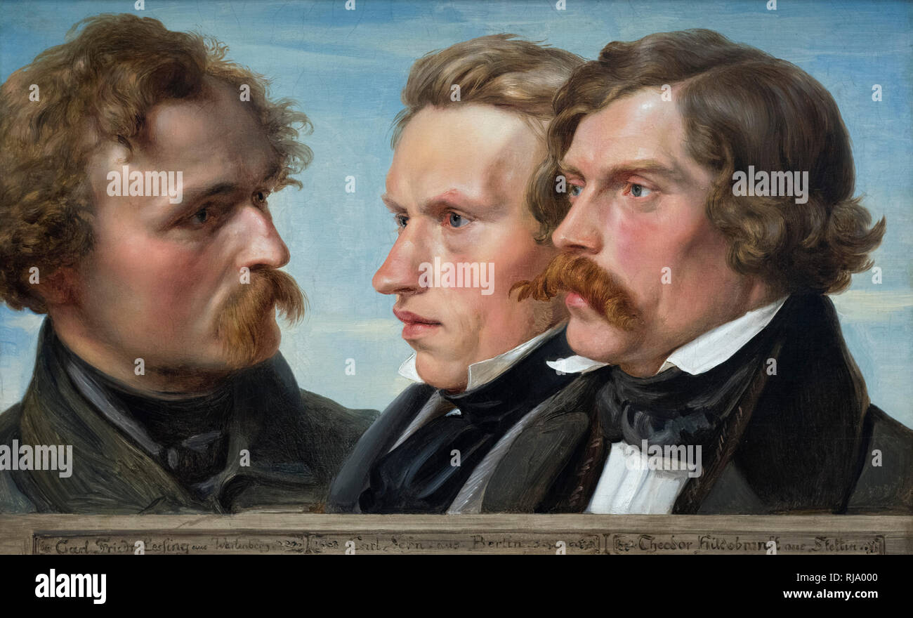 Julius Hübner (1806-1882), Portrait of the Painters Karl Friedrich Lessing, Carl Ferdinand Sohn and Theodor Hildebrandt, 1839.  Die Maler Karl Friedri Stock Photo