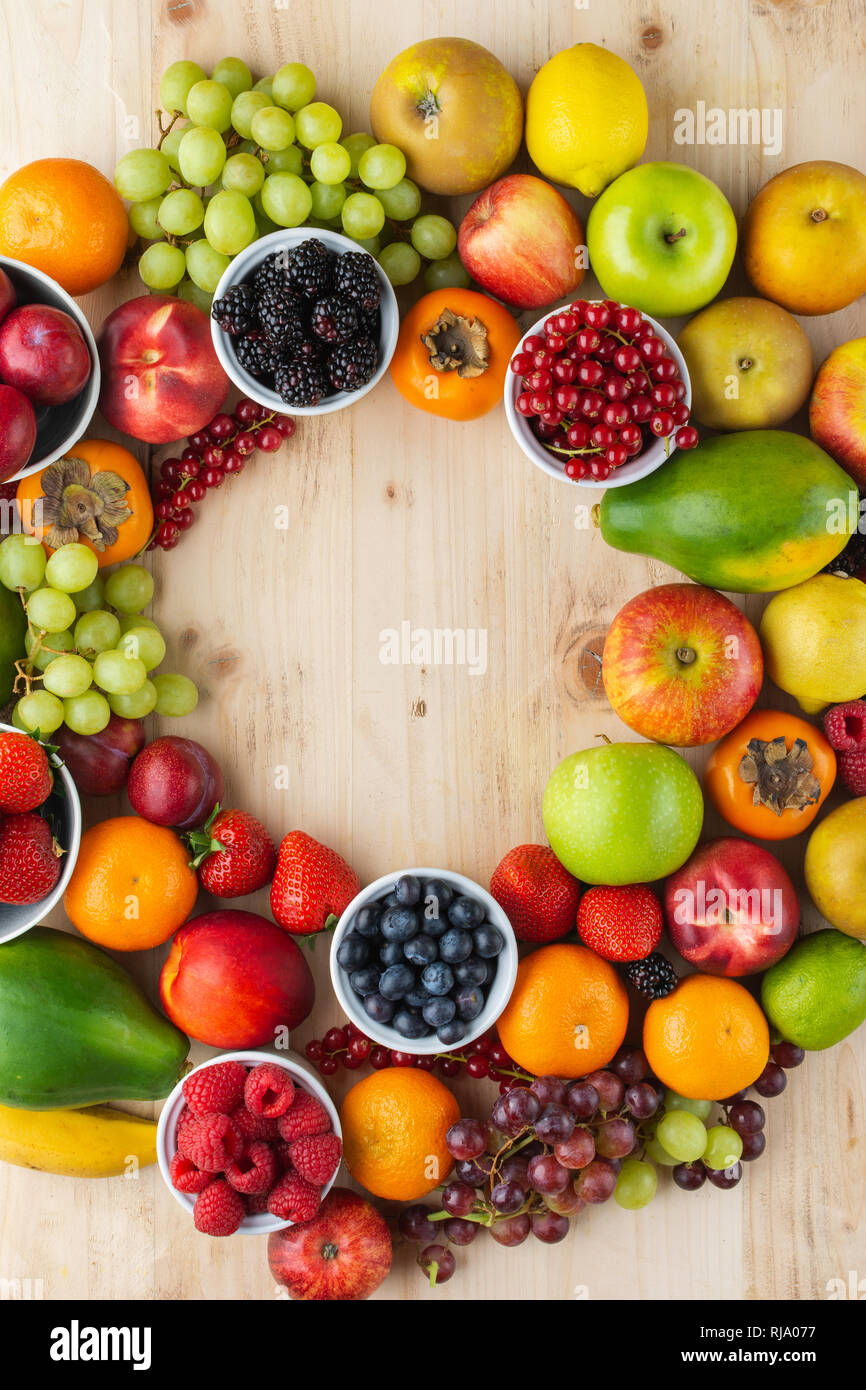 Rainbow fruits background circle frame, strawberries raspberries ...