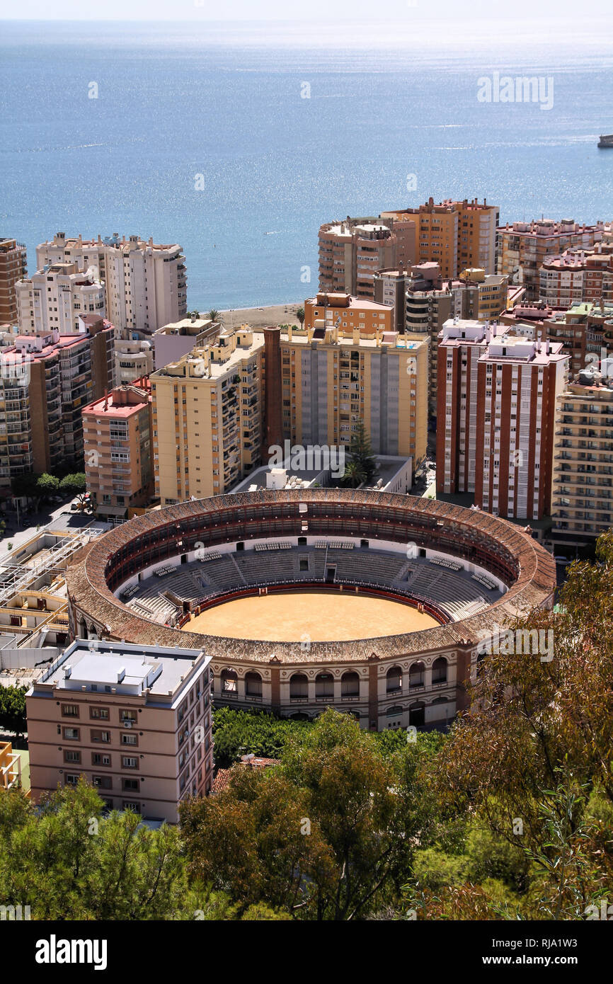 Malaga in Andalusia region of Spain. Famous bull ring stadium. Stock Photo