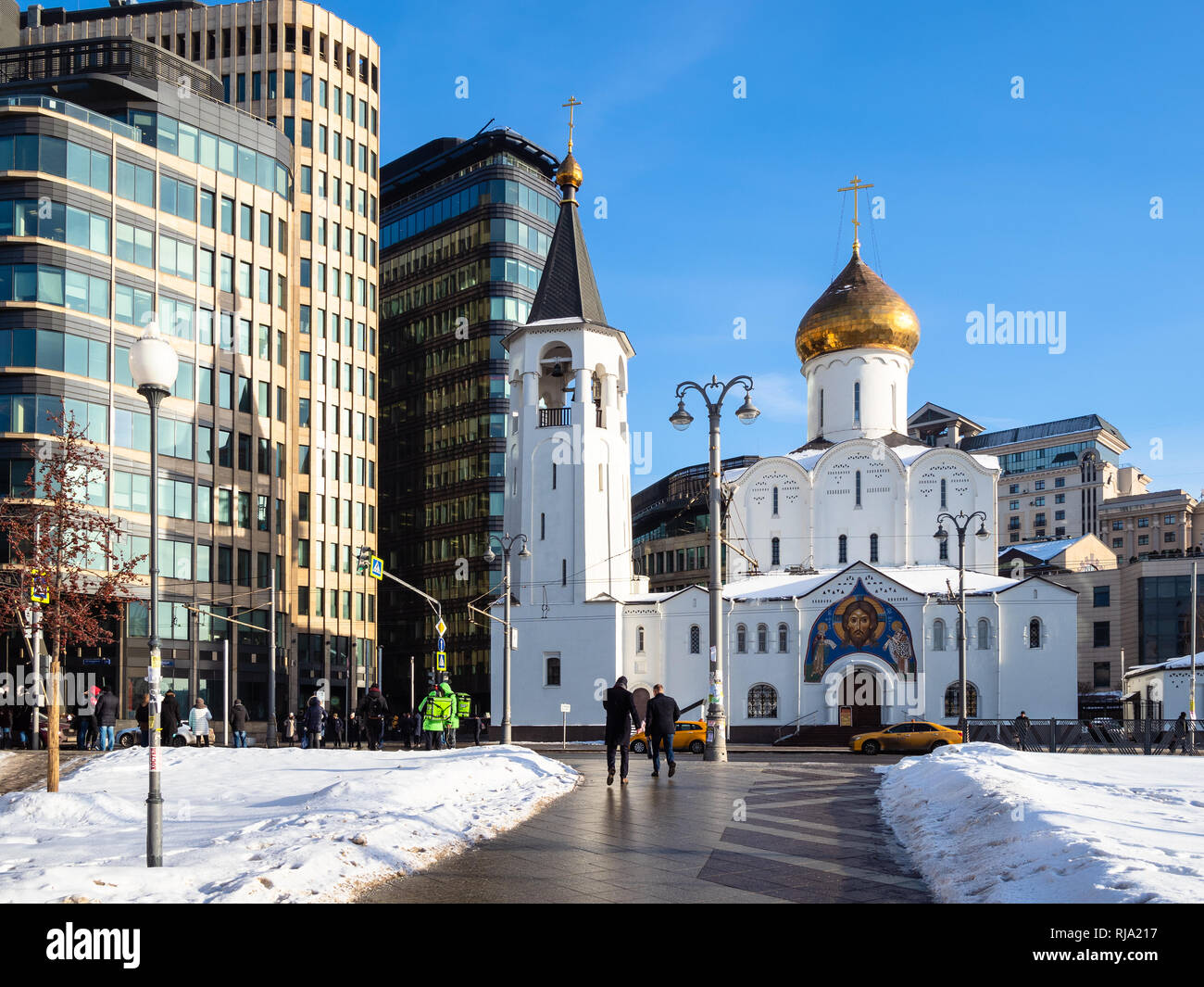 MOSCOW, RUSSIA - JANUARY 25, 2019: people near Church of St Nicholas the Wonderworker at Tverskaya Outpost (Church of Saint Nicholas in the Tver Old B Stock Photo