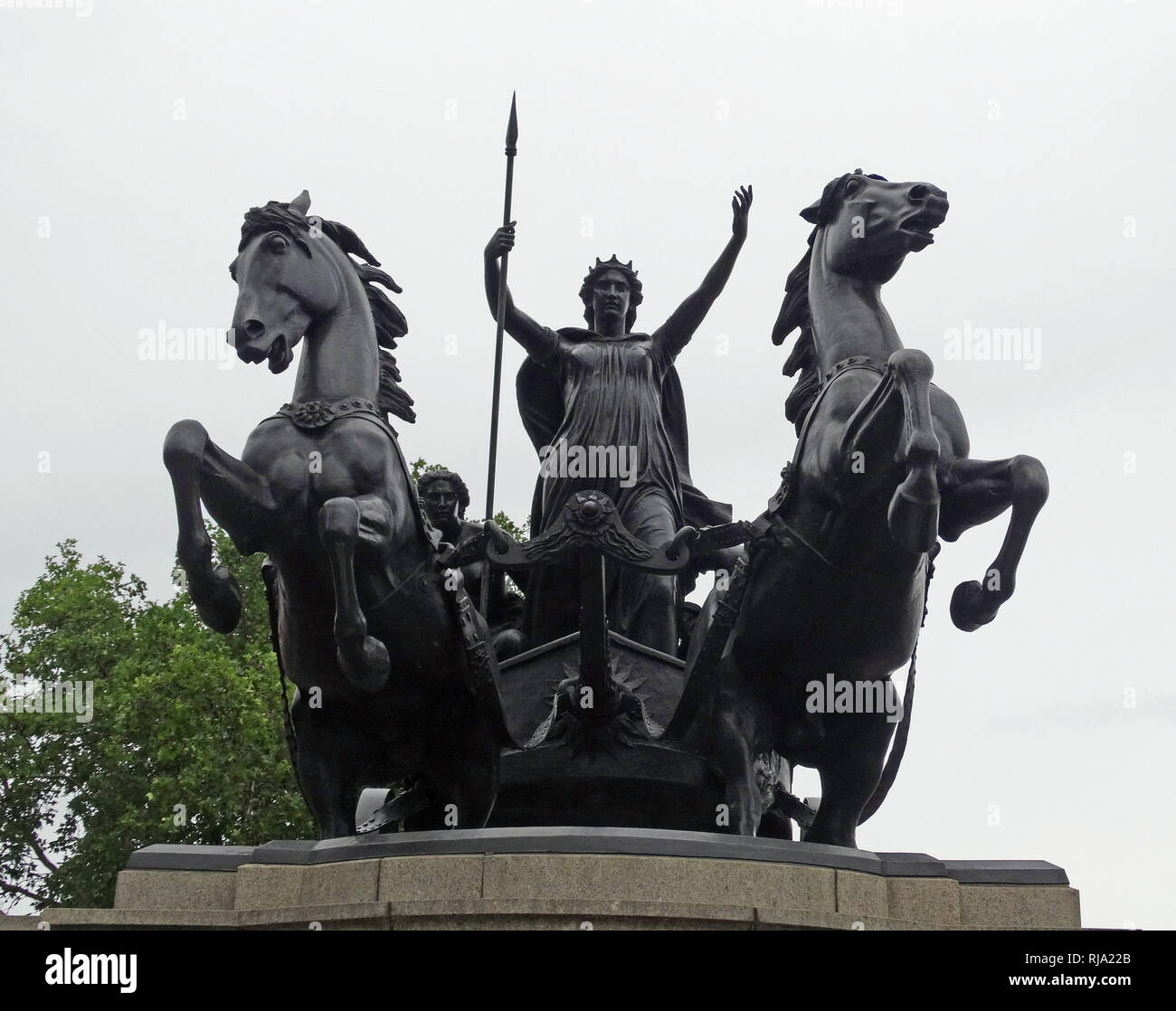 Boadicea and Her Daughters, a bronze sculptural group in London, featuring Boudicca, queen of the Celtic Iceni tribe, who led an uprising in Roman Britain. It is located at Westminster Bridge, London. By English artist and engineer Thomas Thorneycroft. Stock Photo