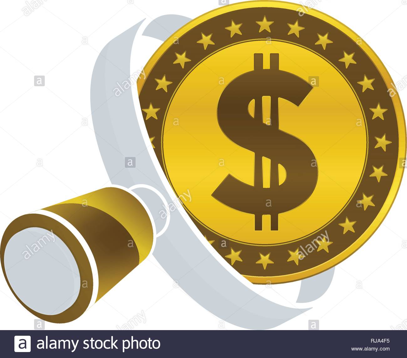 Gold Colored Dollar Coin White Magnifying Glass On White - 