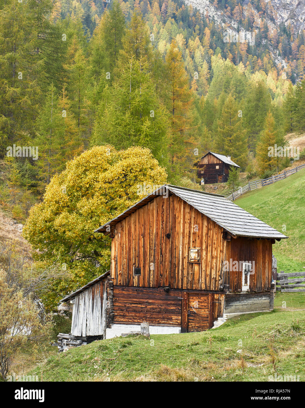 Water mill in Valle dei Mulini, Longiaru, Dolomites, Alta Badia, South Tyrol, Italy Stock Photo