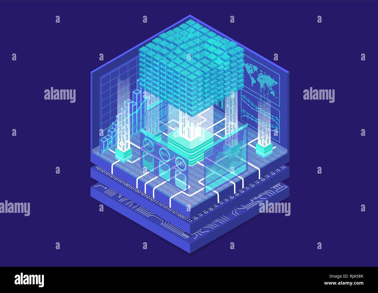 Big data and analytics concept with digital data cube and as isometric vector illustration Stock Vector