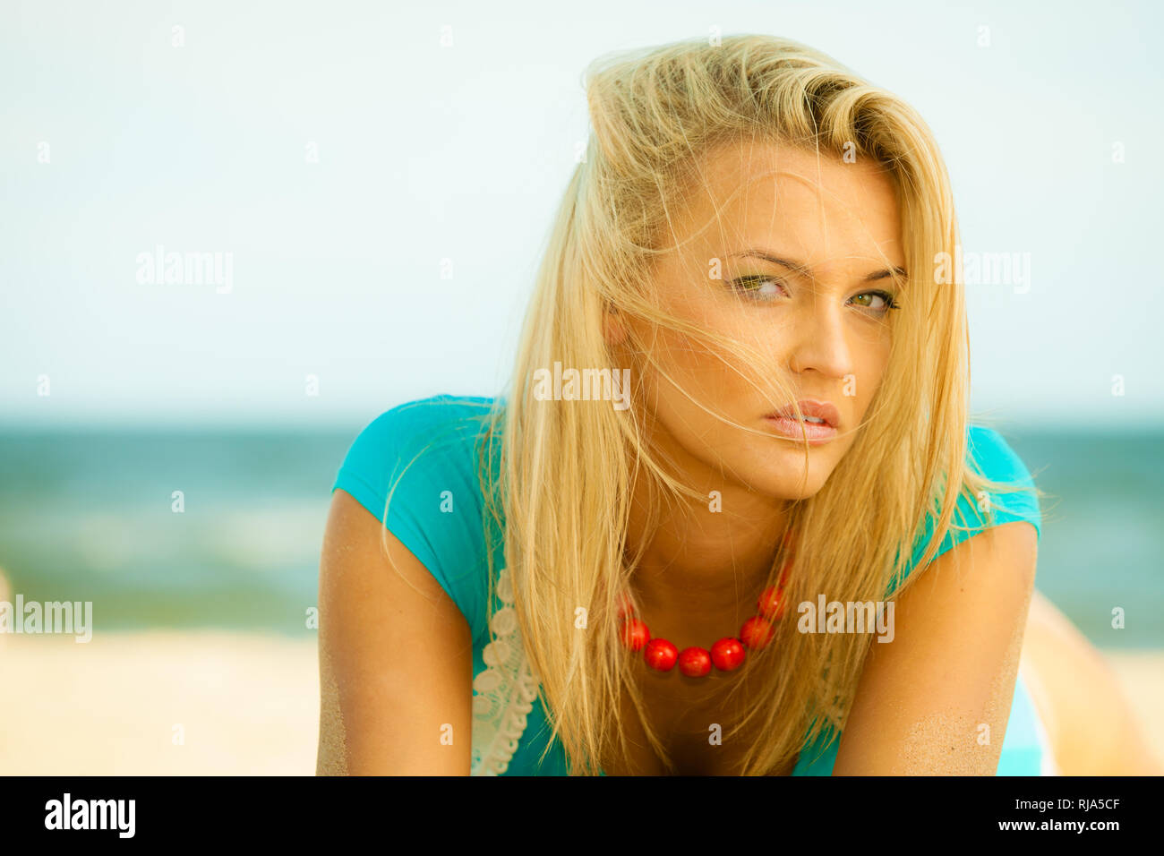 Holidays Vacation Travel And Freedom Concept Beautiful Blonde Girl Laying On Sandy Beach 3636