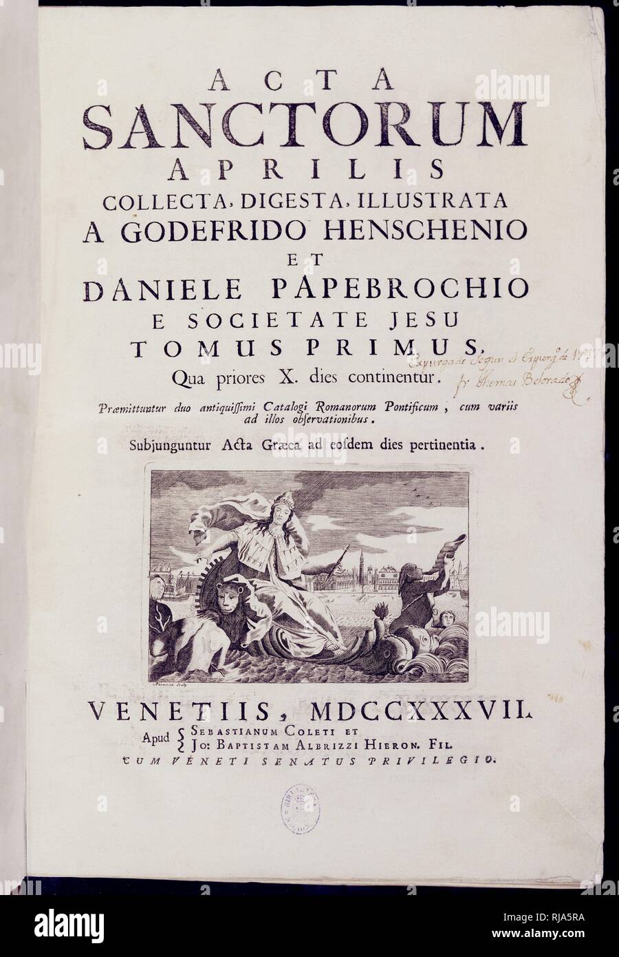 ACTA SANCTORUM-1737-PORTADA. Author: PAPEBROCHIO DANIELE. Location: BIBLIOTECA NACIONAL-COLECCION. MADRID. SPAIN. Stock Photo