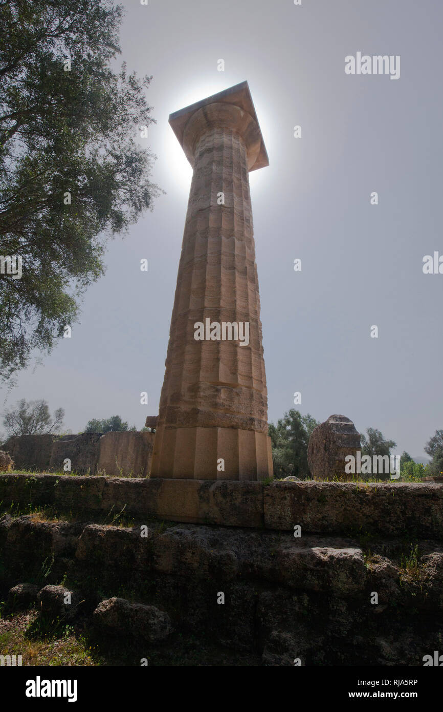 only pillar of the Temple of Zeus in the historical site of Olympia Stock Photo
