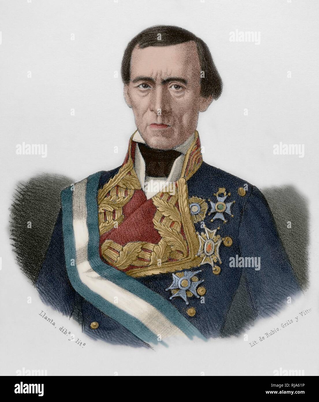 José Manso y Solá (Borredà, 1785-Madrid, 1863). Militar español del ejército de Fernando VII e Isabel II. Dibujo por Llanta. Litografía. Coloreada. Crónica General de España, Historia Ilustrada y Descriptiva de sus Provincias. Cataluña, 1866. Stock Photo
