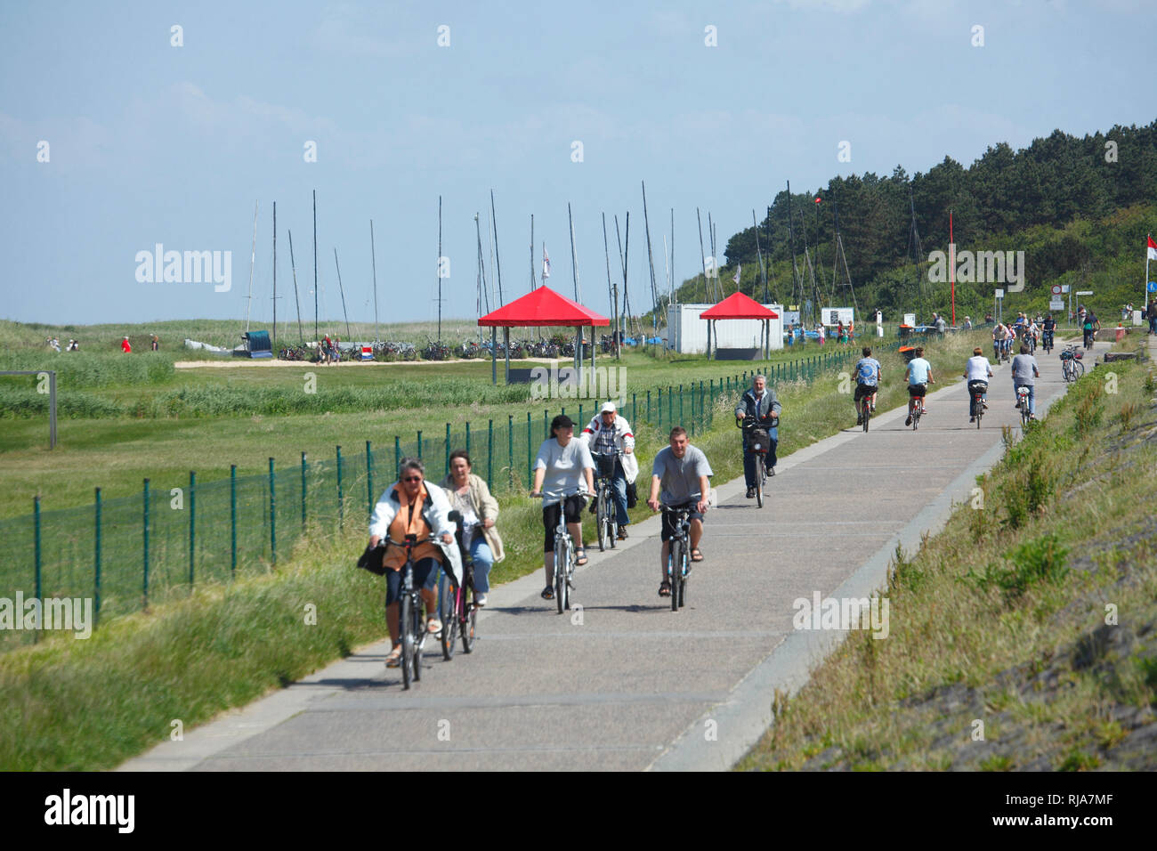 Wanderweg, Radweg, Fahrradfahrer, Duhner Heide, Cuxhaven-Duhnen, Nordseeheilbad Cuxhaven, Niedersachsen, Deutschland, Europa Stock Photo