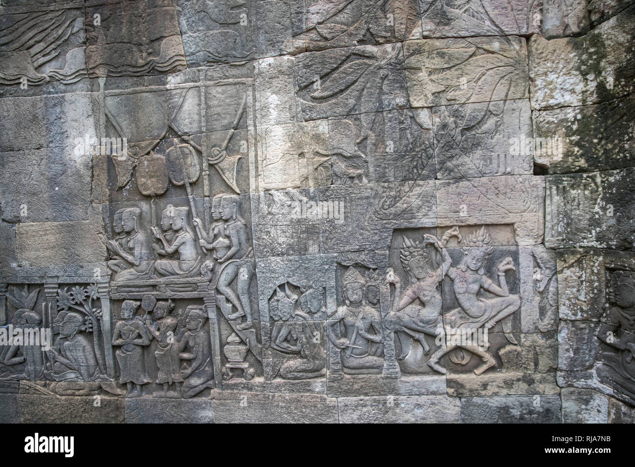 Siem Reap, Angkor, Tempel Bayon, wunderbare Wandreliefs die Geschichte erklären Stock Photo