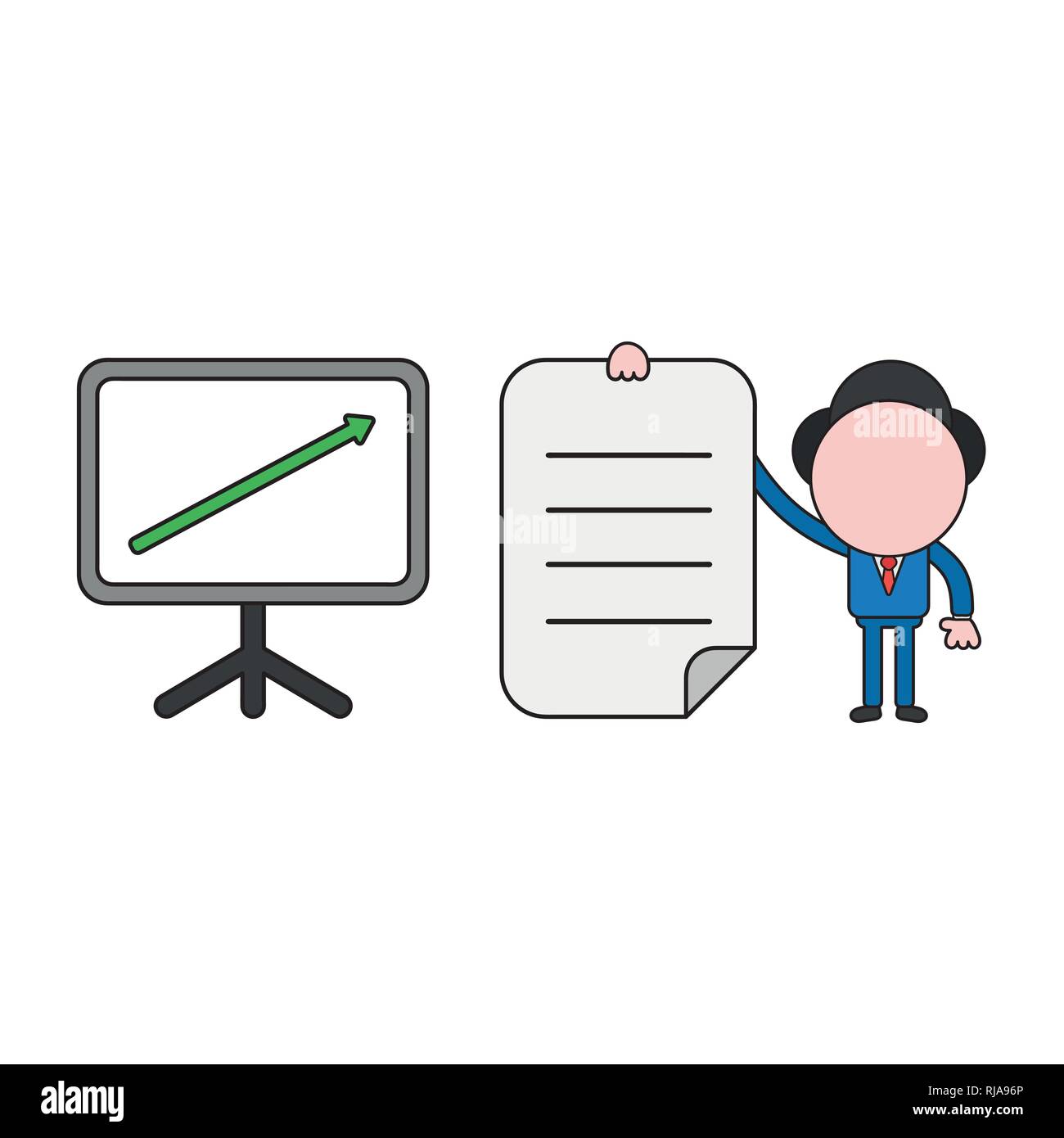 Vector illustration businessman character with sales chart arrow moving up and holding written paper. Color and black outlines. Stock Vector