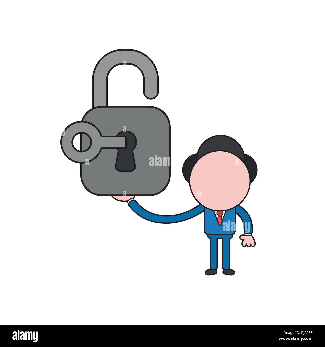 Vector illustration businessman character holding open padlock with key ...