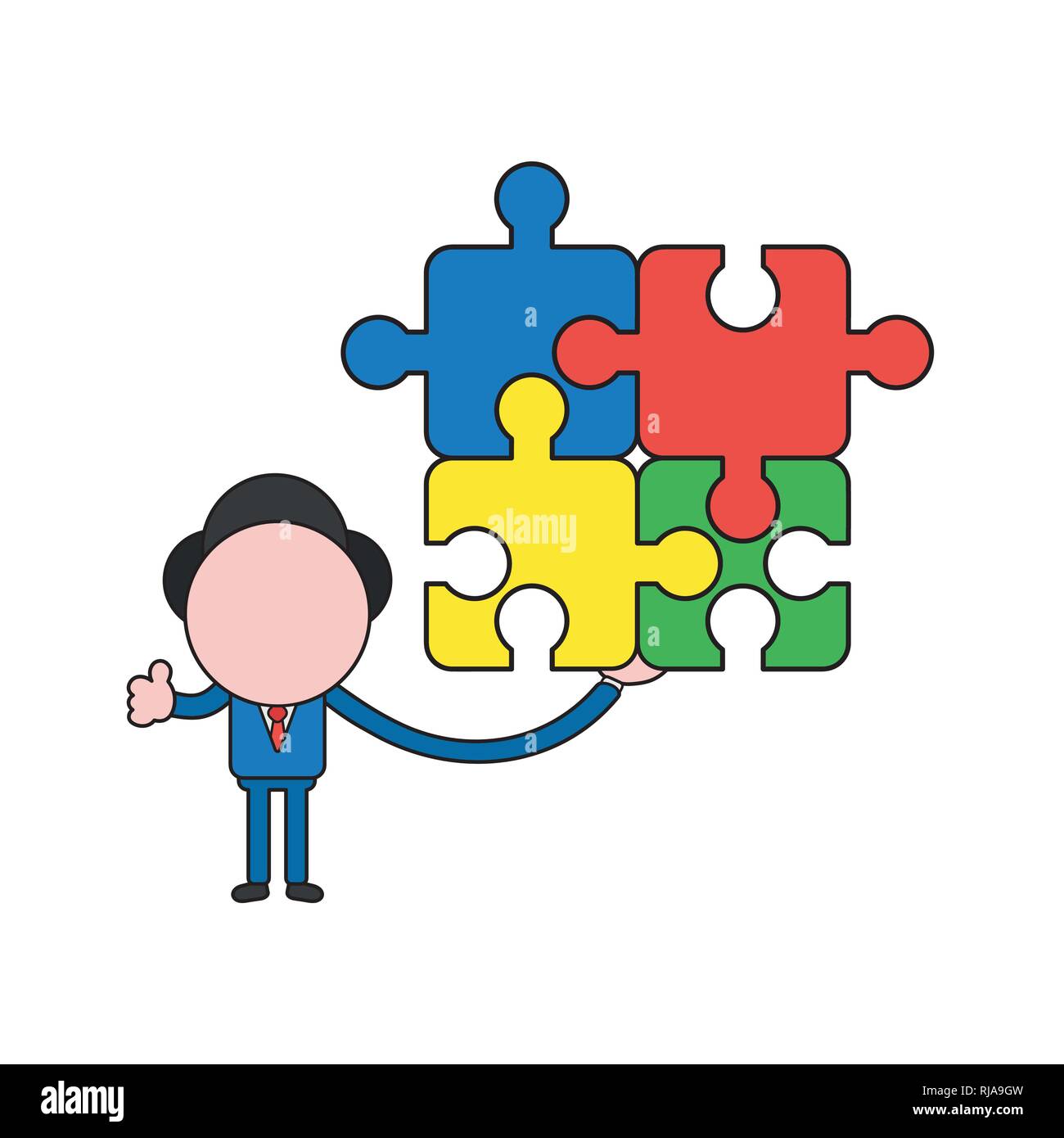 Vector illustration businessman character holding four connected jigsaw ...