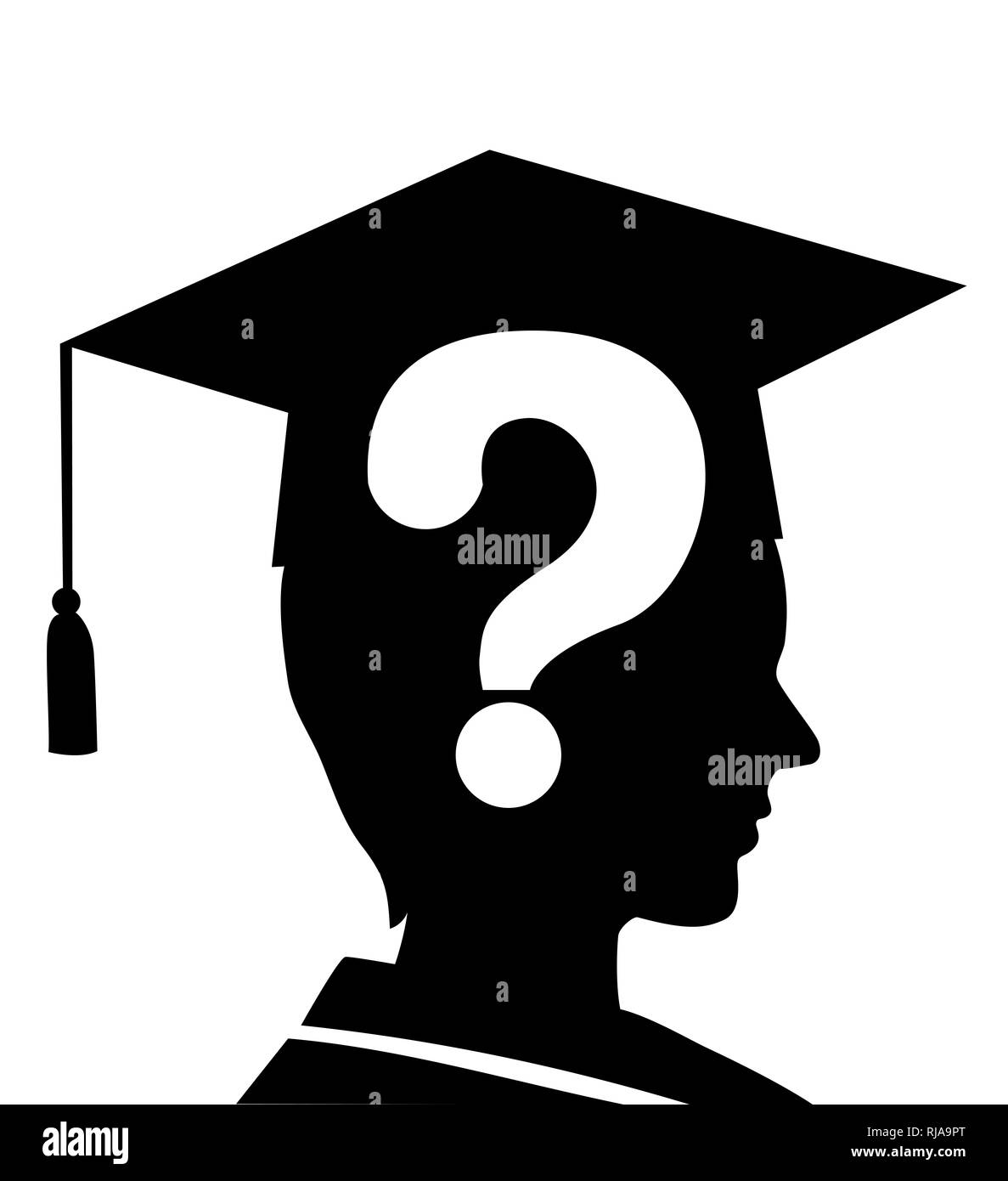 Illustration of a Man Silhouette with Graduation Cap and Question Mark Stock Photo