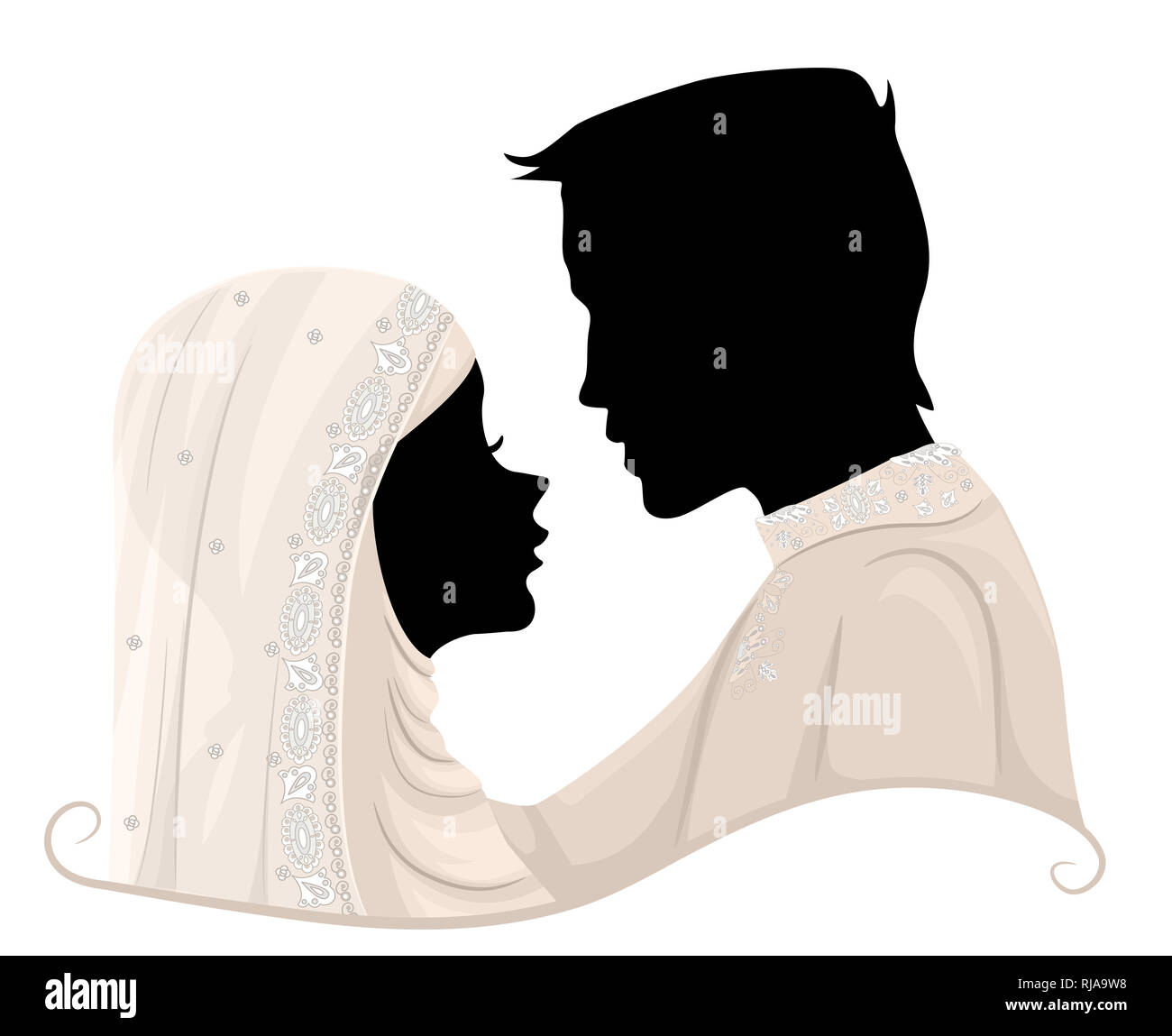 Illustration of a Muslim Bride and Groom Silhouette Looking at Each Other During their Wedding Stock Photo