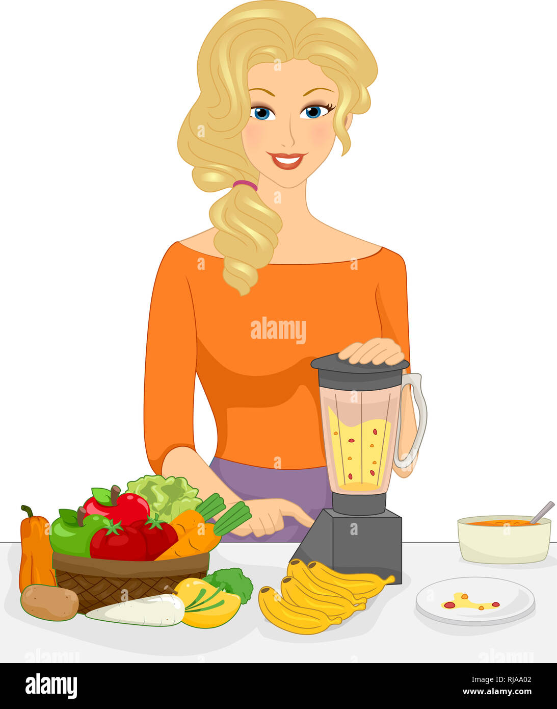 Illustration of a Girl Mother Making Baby Food Using Blender with