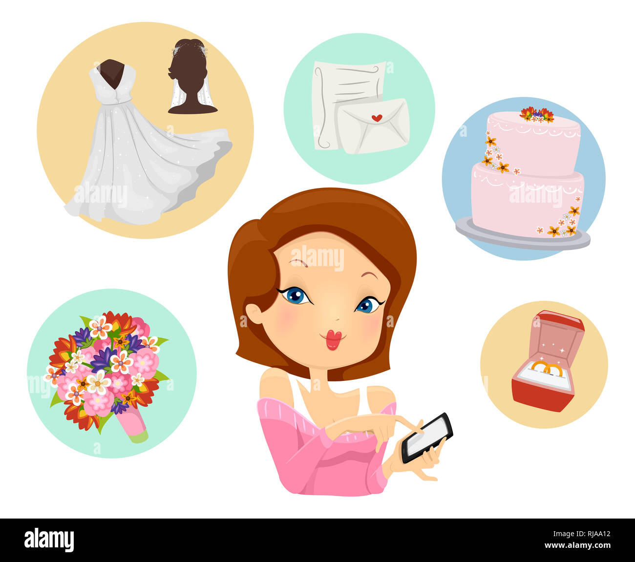 Illustration of a Girl Holding a Mobile Phone with App Showing Wedding Icons from Bouquet, Bridal Gown, Invitation, Cake and Rings Stock Photo